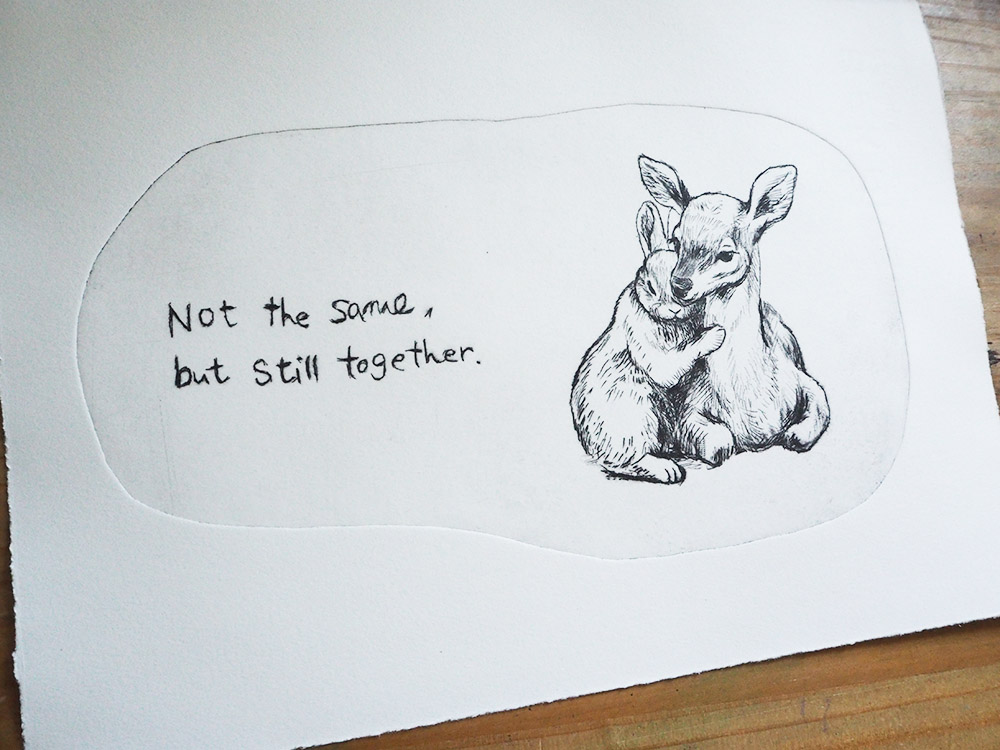 銅版画作品「Not the same, but still together」うさぎと子鹿が寄り添うモノクロの版画