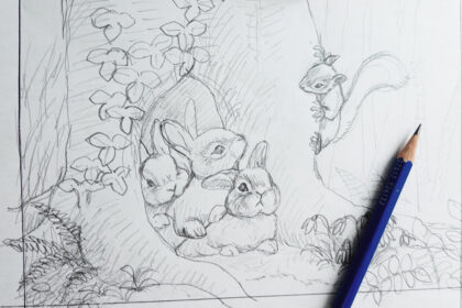 木の根元で集まるうさぎたちを、木の陰からリスがそっと見つめる鉛筆画の下描き