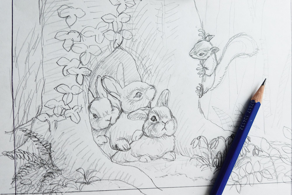 木の根元で集まるうさぎたちを、木の陰からリスがそっと見つめる鉛筆画の下描き