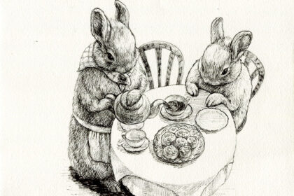 紅茶の時間を楽しむうさぎたちのペン画