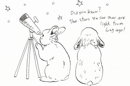 望遠鏡で夜空を観察する二羽のうさぎのペン画。星はずっと昔の光だと話している様子。