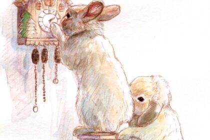 時計の時刻を直すうさぎたち。それをみている鳩