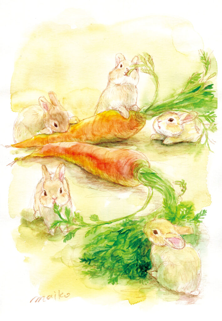 巨大な人参を食べるうさぎたちの水彩画