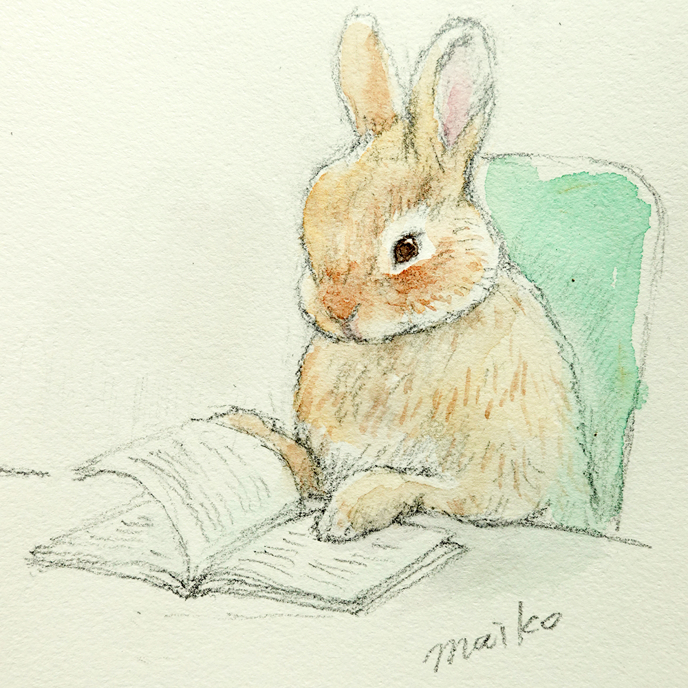 鉛筆と水彩で描いた本を読んでいるうさぎ